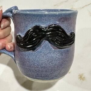 Handmade‎ Stoneware 3D Mustache Coffee Tea Soup Mug Blue Purple Signed